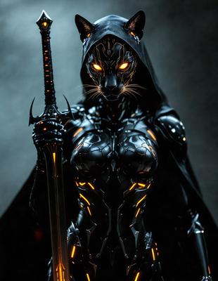 The primary subject of the image is a robotic cat figure, which is the main object, scene, or focus of the image. The setting/background features a dark background, which adds to the overall atmosphere. The visual style of the image is digital art, as it is a well-crafted robotic cat figure. The colors and mood of the image are predominantly dark, with the robotic cat figure being the main source of light and visual interest.